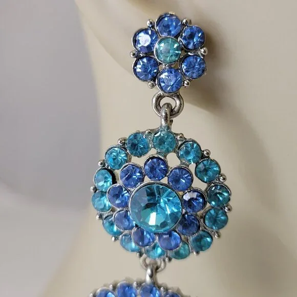 Blue Crystal Rhinestone Long Dangle Earrings - Picture 11 of 13